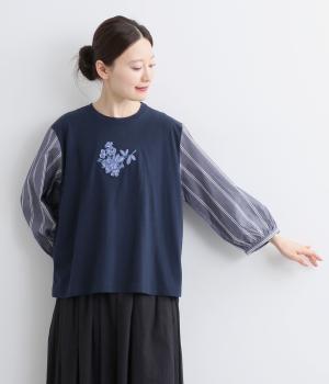 ギザコンパクトブロード+天竺 フラワーシェニールさがら刺繍カットソー(ネイビー-ONESIZE)