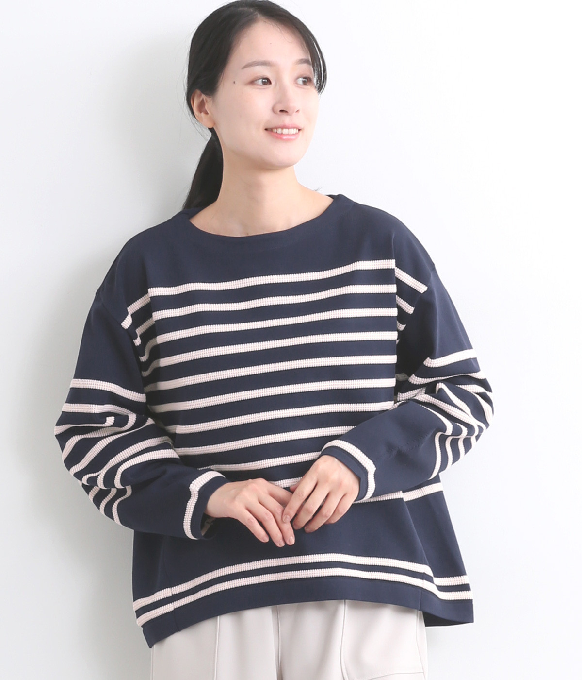スポンディッシュ柄編みボーダーニット(ネイビー×オフ-ONESIZE)