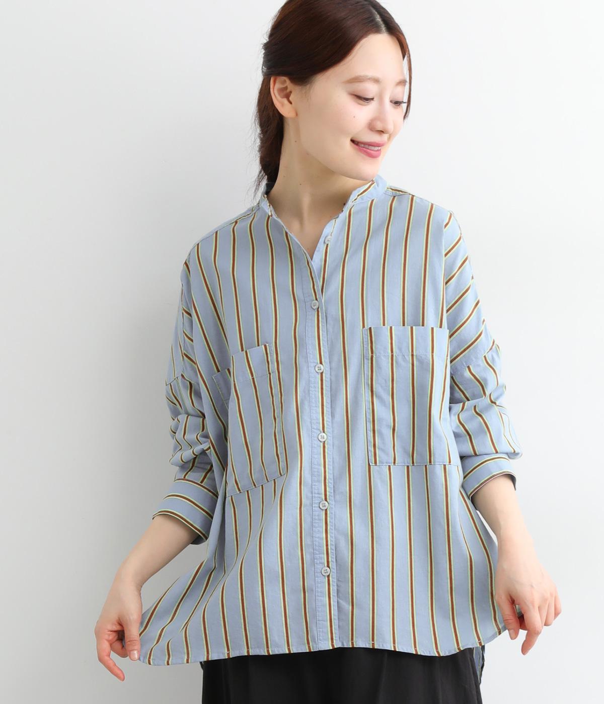 コットンキャンブリックボイルバンドカラーマルチストライプシャツ(サックス-ONESIZE)