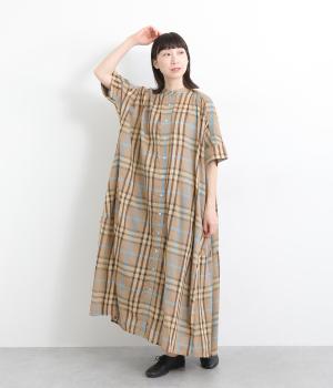 コットンモダールヤーンダイチェックシャツワンピース(ベージュ-ONESIZE)