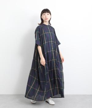 コットンモダールヤーンダイチェックシャツワンピース(ネイビー-ONESIZE)