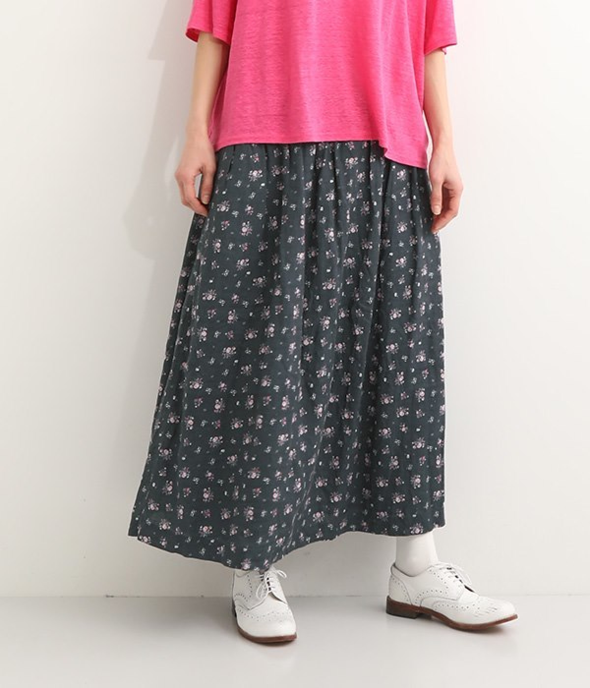 フローラルパターンリネンスカート(チャコール-ONESIZE)