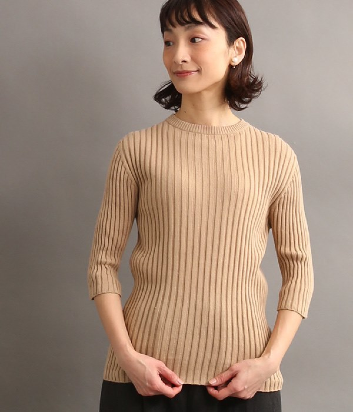 ホールガーメントリブニットプルオーバー(ベージュ-ONESIZE)