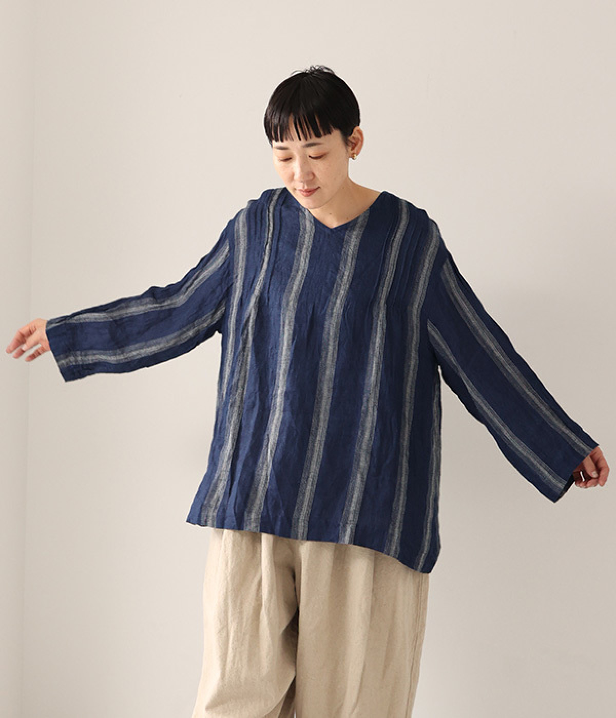 インディゴストライプ　プルオーバー(インディゴ×ナチュラルライン-ONESIZE)
