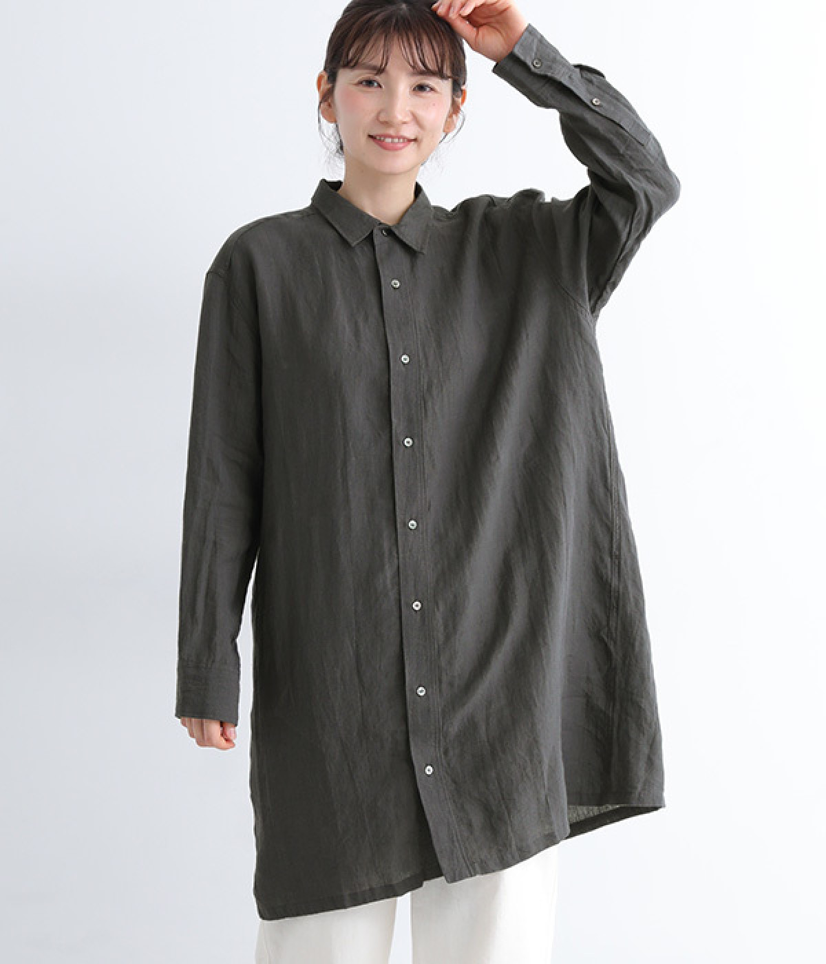 リネンナチュラルワッシャーロングスリーブシャツ(チャコール-ONESIZE)