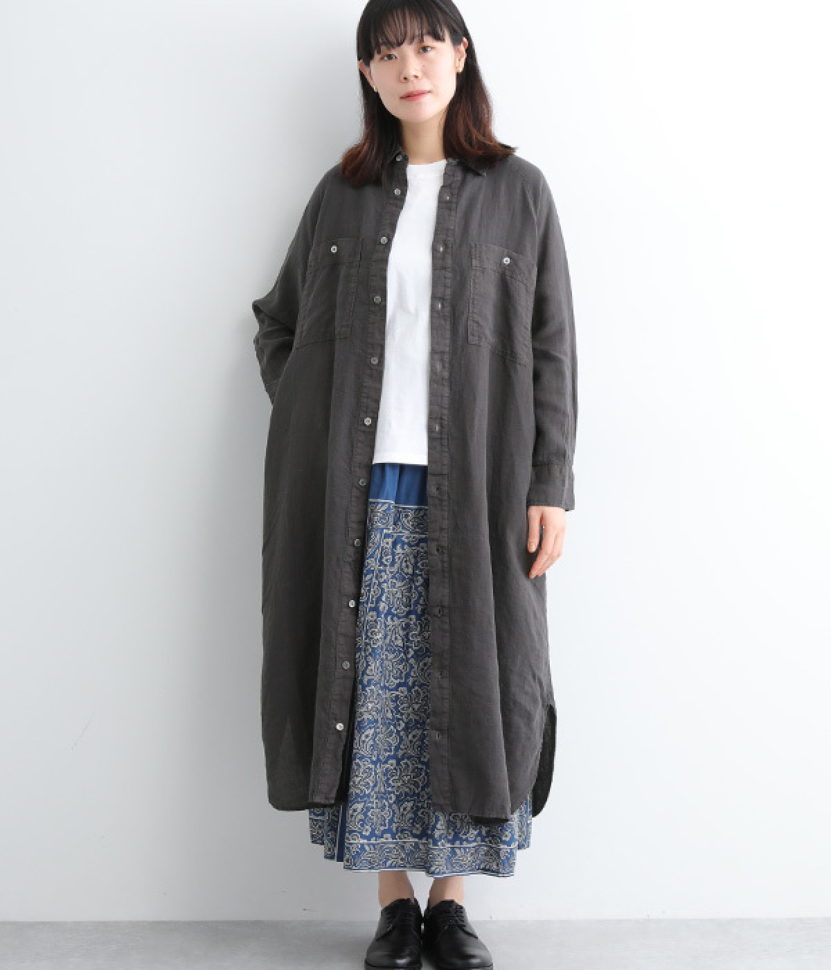 リネンキャンバスオーバーダイドレス(チャコール-ONESIZE)