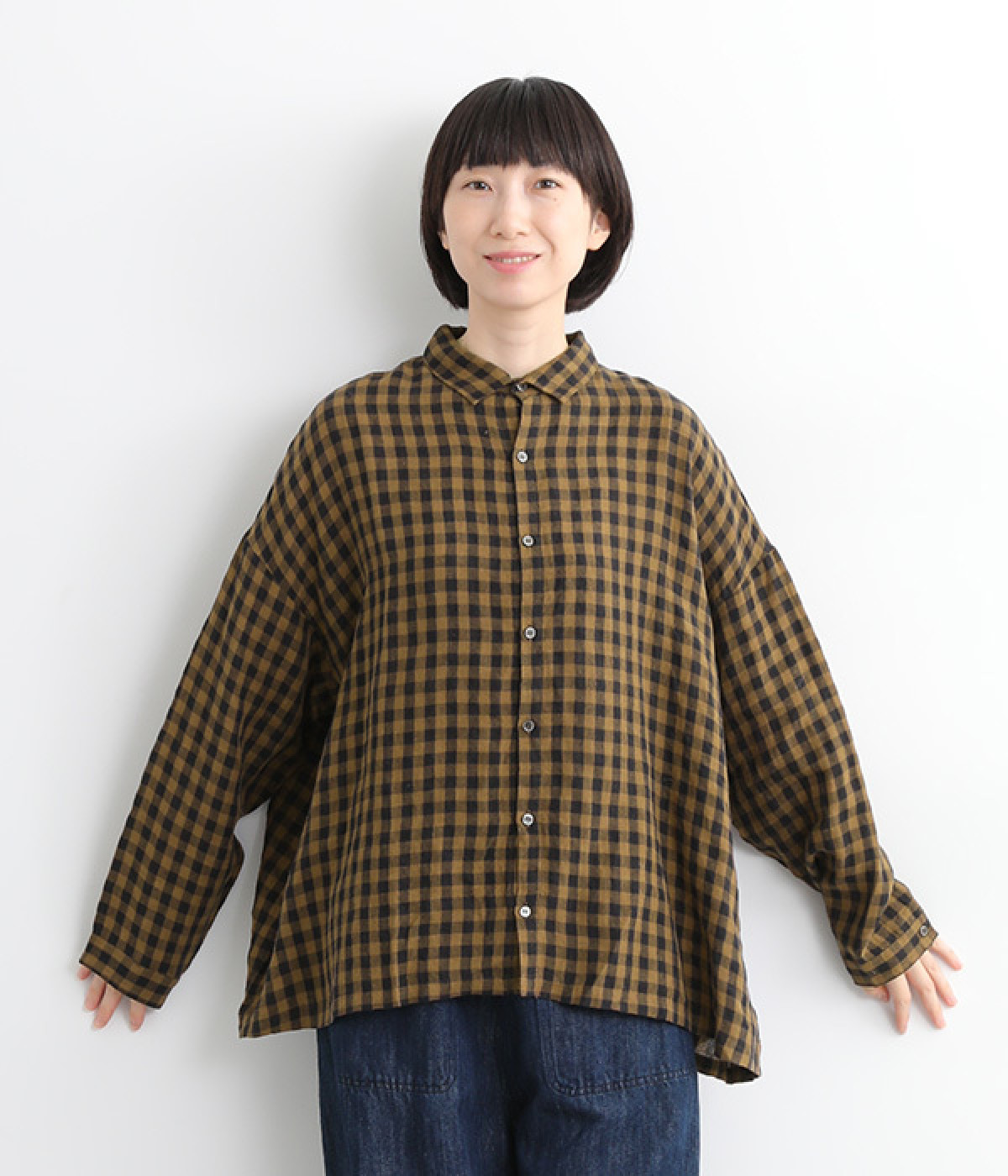 リネンギンガムチェックシャツ(ブラウン-ONESIZE)