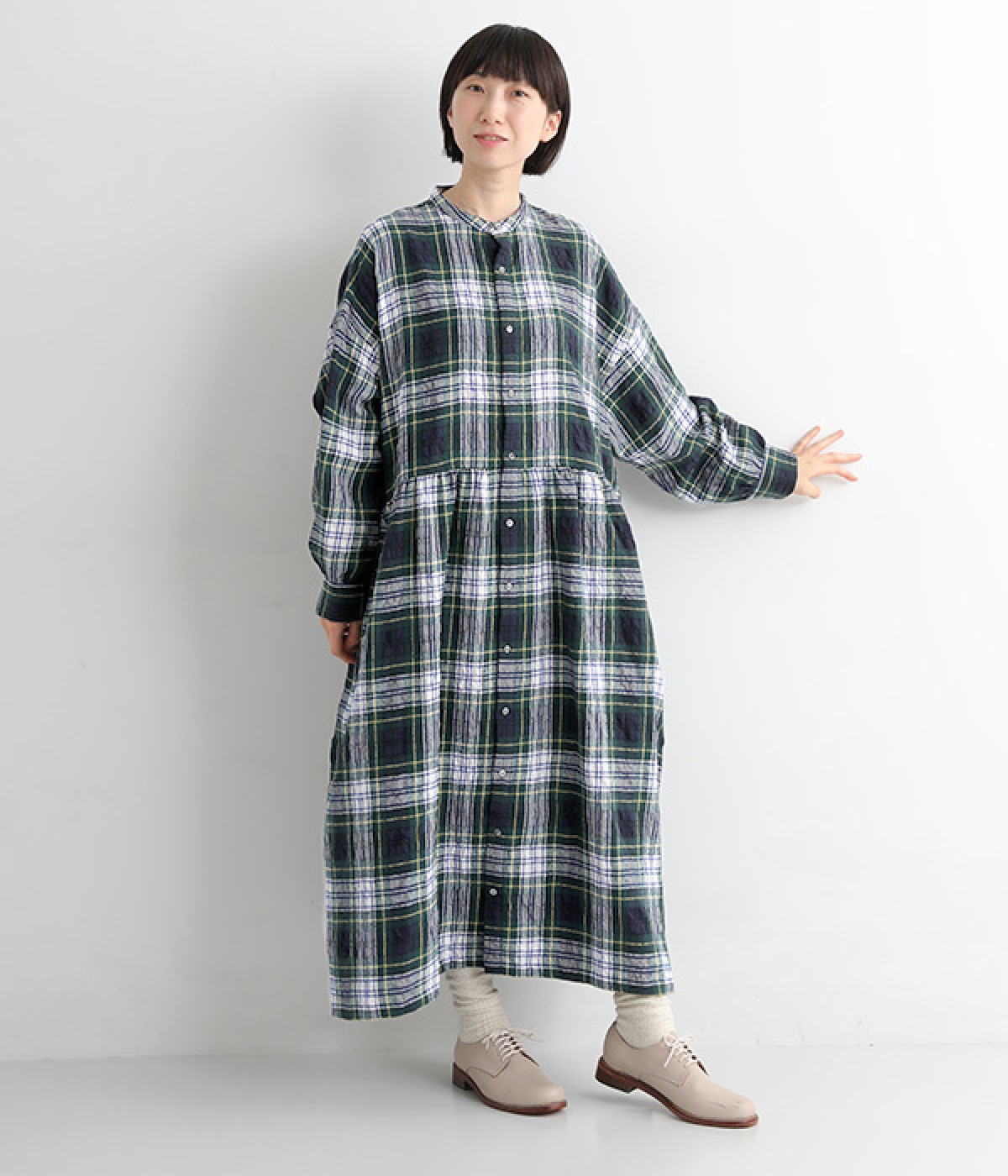 ウールワッシャータータンワンピース(グリーン-ONESIZE)
