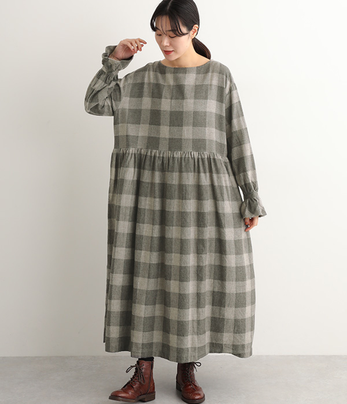 コットンヤクウールブロックチェックフランネルドレス(グレー-ONESIZE)