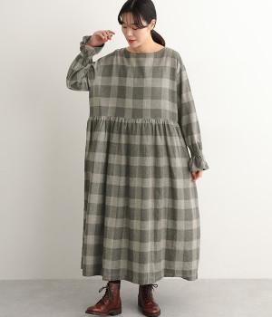 コットンヤクウールブロックチェックフランネルドレス(グレー-ONESIZE)