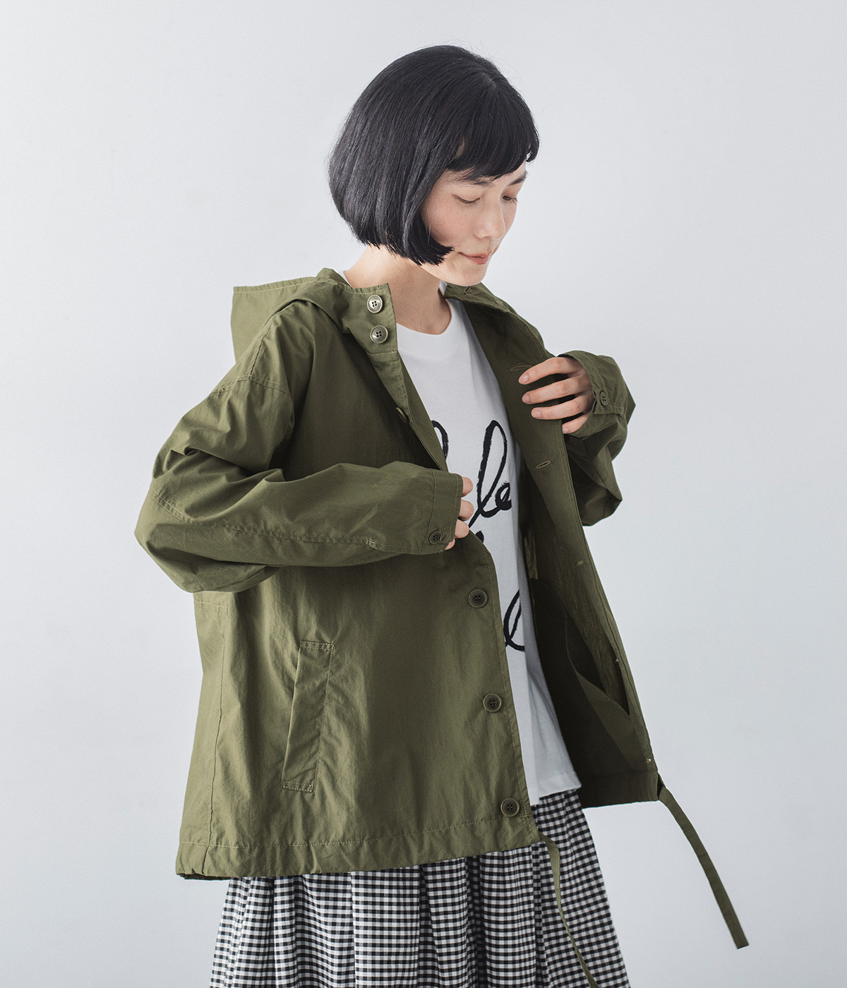 撥水加工コットンナイロン　フードジャケット(オリーブ-ONESIZE)
