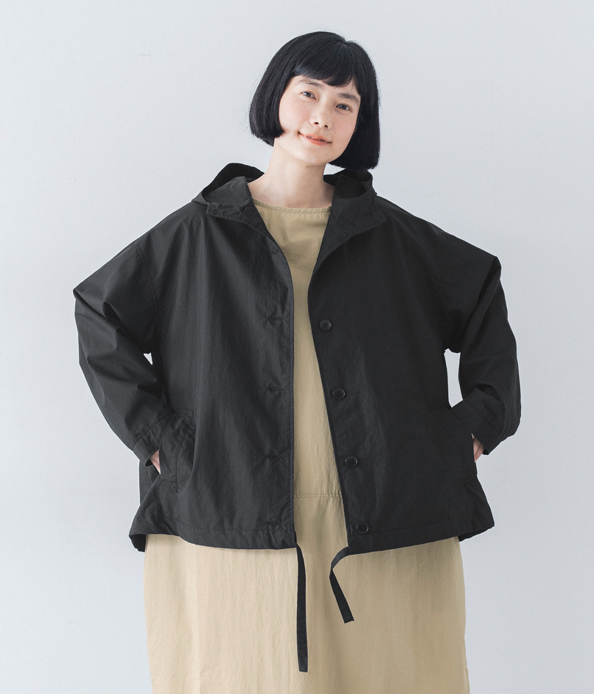 撥水加工コットンナイロン　フードジャケット(ブラック-ONESIZE)