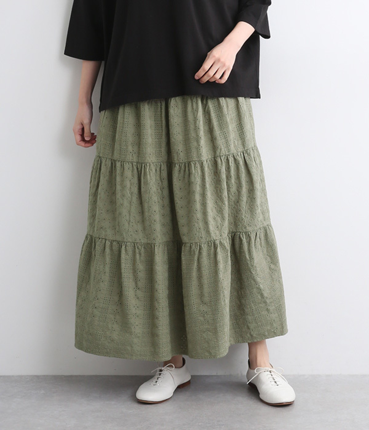 コットン刺繍レースオーバーダイスカート(カーキ-ONESIZE)