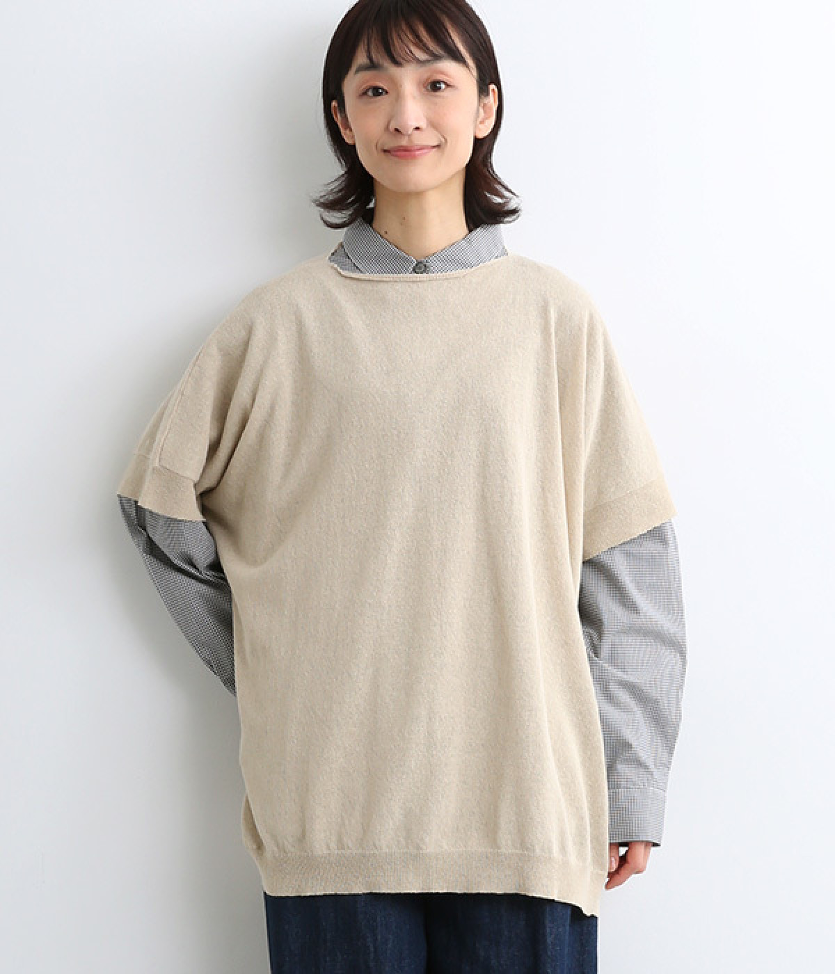 リネンコットン　ワイトプルオーバー(ベージュ-ONESIZE)