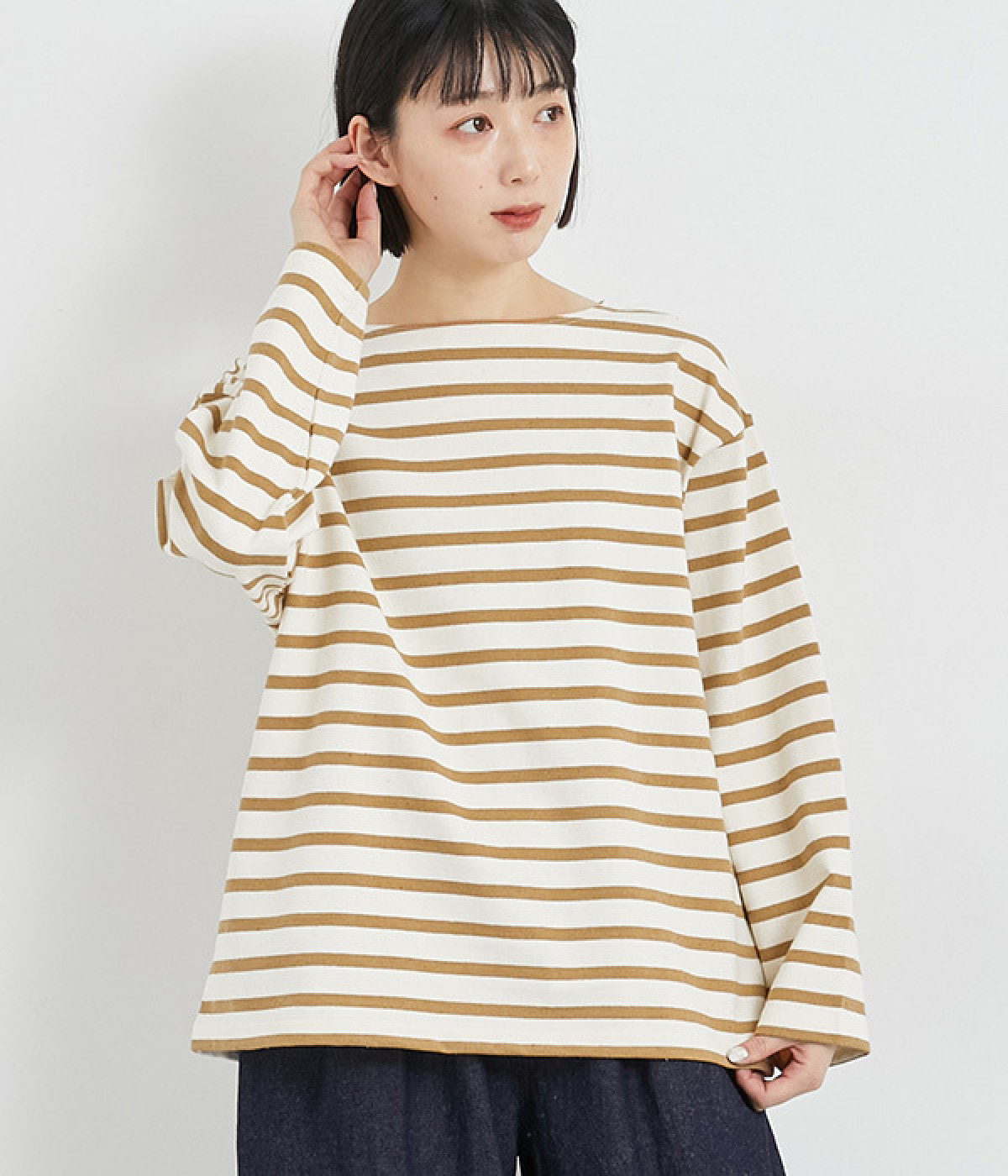 【UNDYED】コットンストライププルオーバー(ナチュラル×キャメル-ONESIZE)