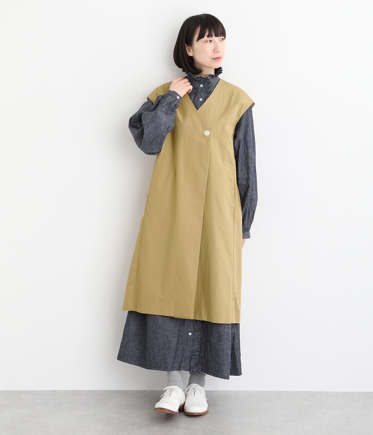 コットンリネンウェザー　Vネックロングベスト(ベージュ-ONESIZE)