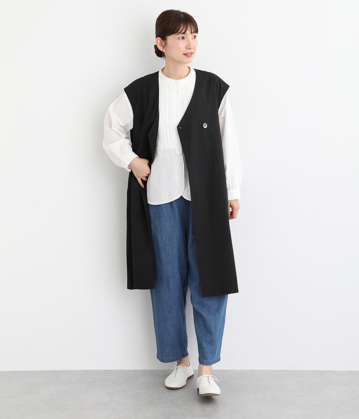 コットンリネンウェザー　Vネックロングベスト(ブラック-ONESIZE)
