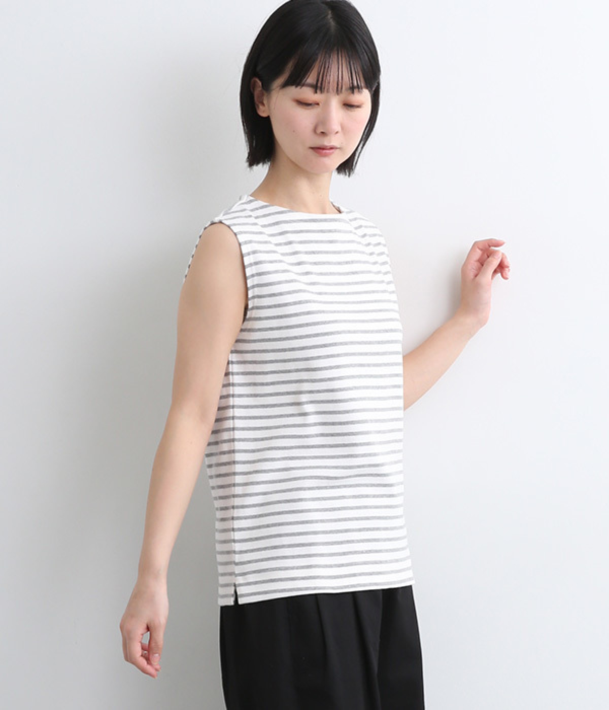 コットンボーダースリーブレスＴシャツ(ホワイト×グレー-ONESIZE)