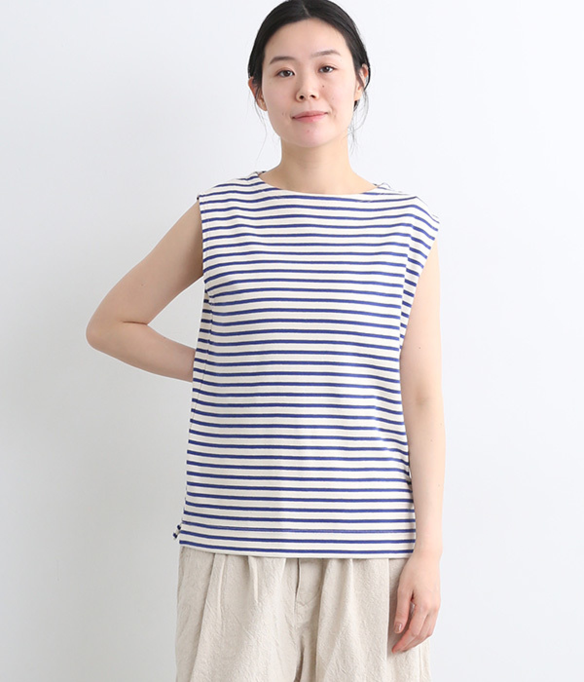コットンボーダースリーブレスＴシャツ(ナチュラル×ブルー-ONESIZE)