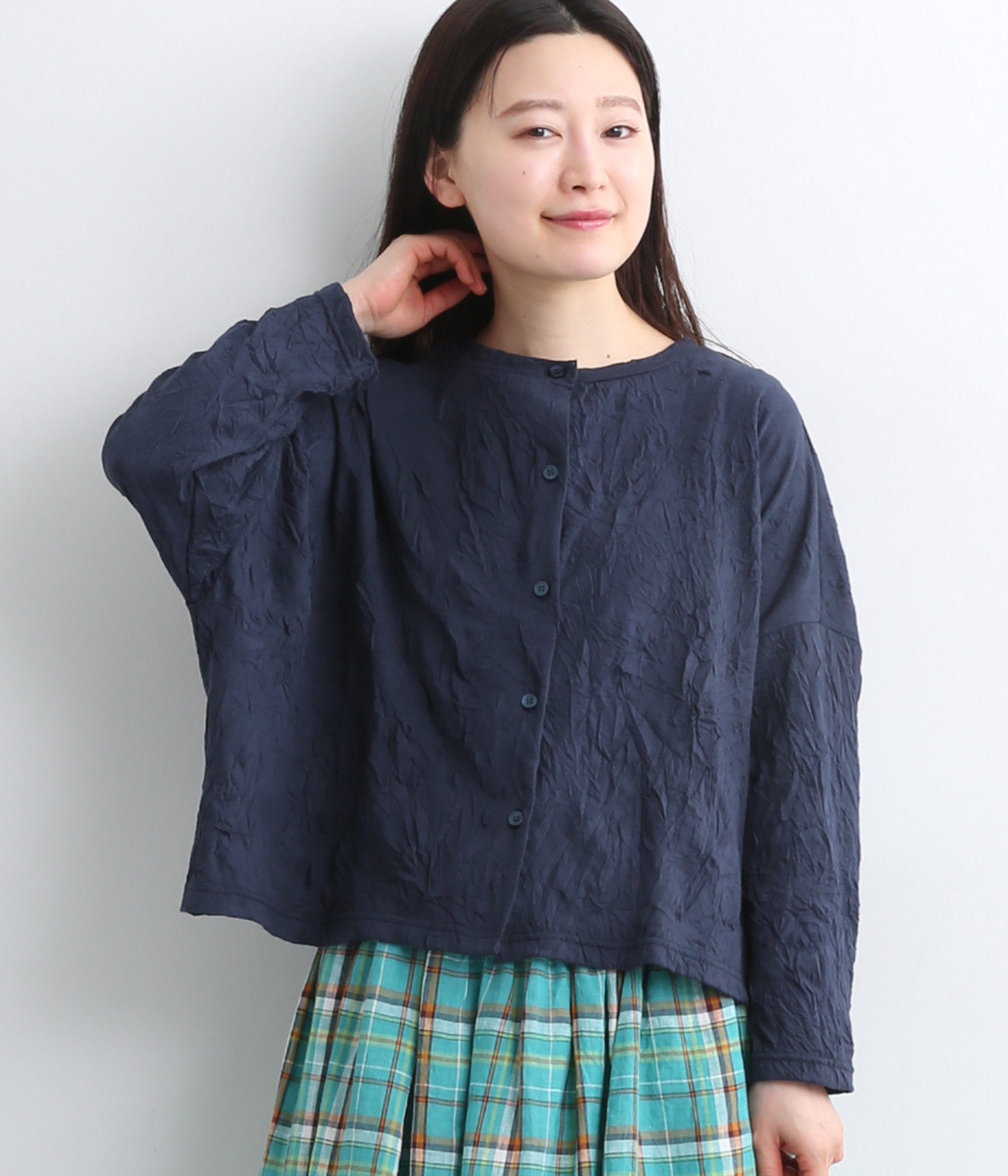 コットンキャッチワッシャーカーディガン(ネイビー-ONESIZE)