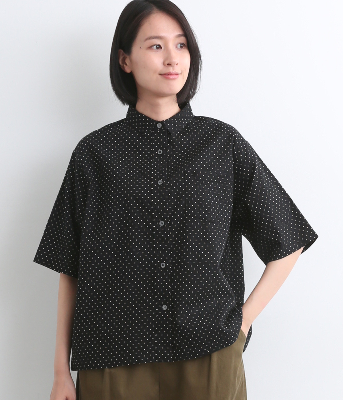 コットンリネンドット柄シャツ(ブラック-ONESIZE)