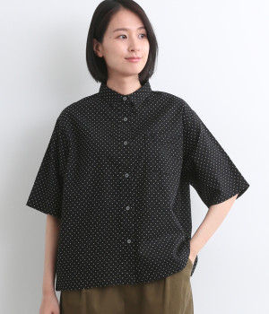 コットンリネンドット柄シャツ(ブラック-ONESIZE)