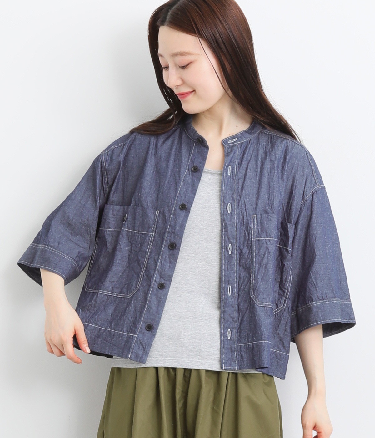 コットンリネン　インディゴシャンブレーシャツ(ネイビー-ONESIZE)