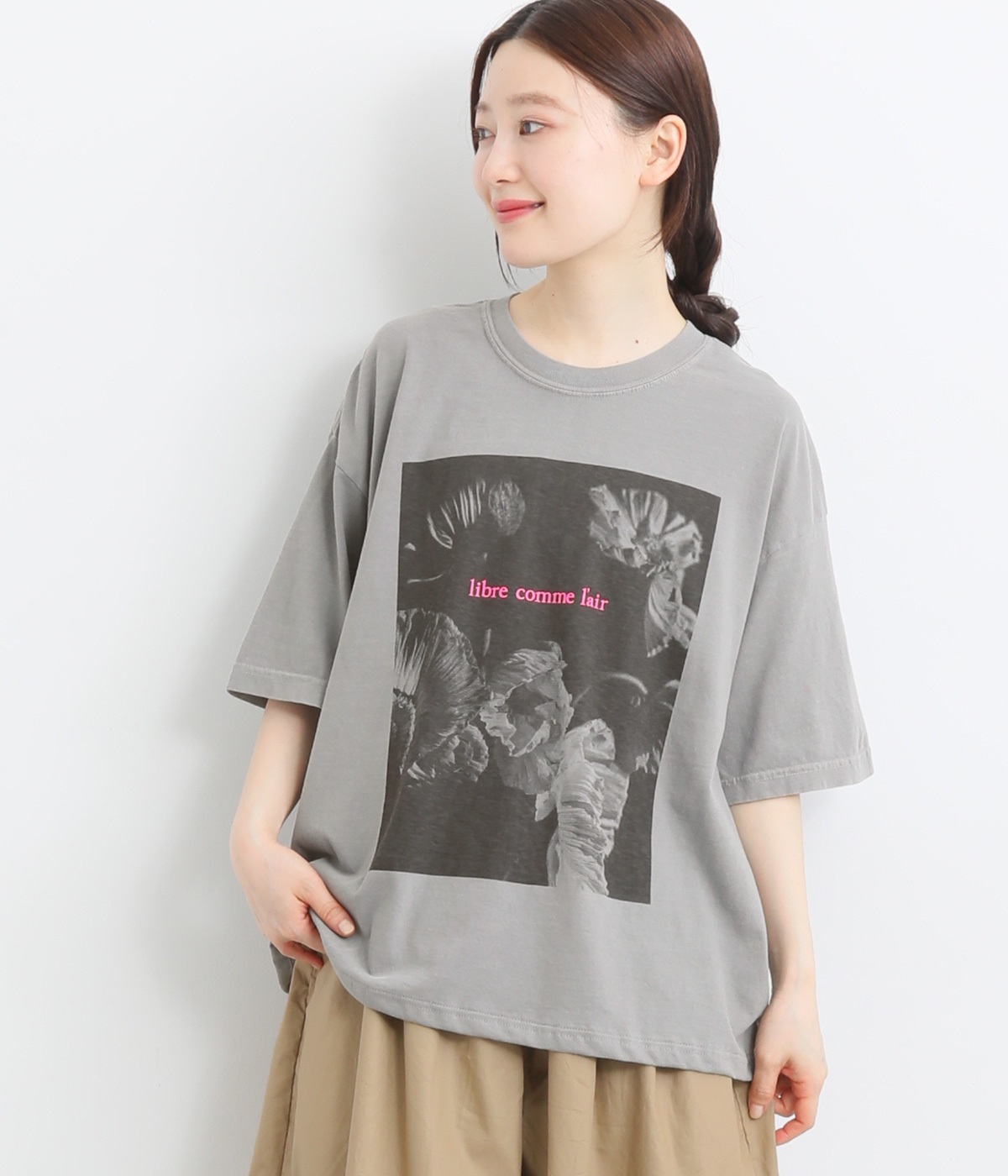 コットンTシャツ　ピグメント　flower(グレー-ONESIZE)