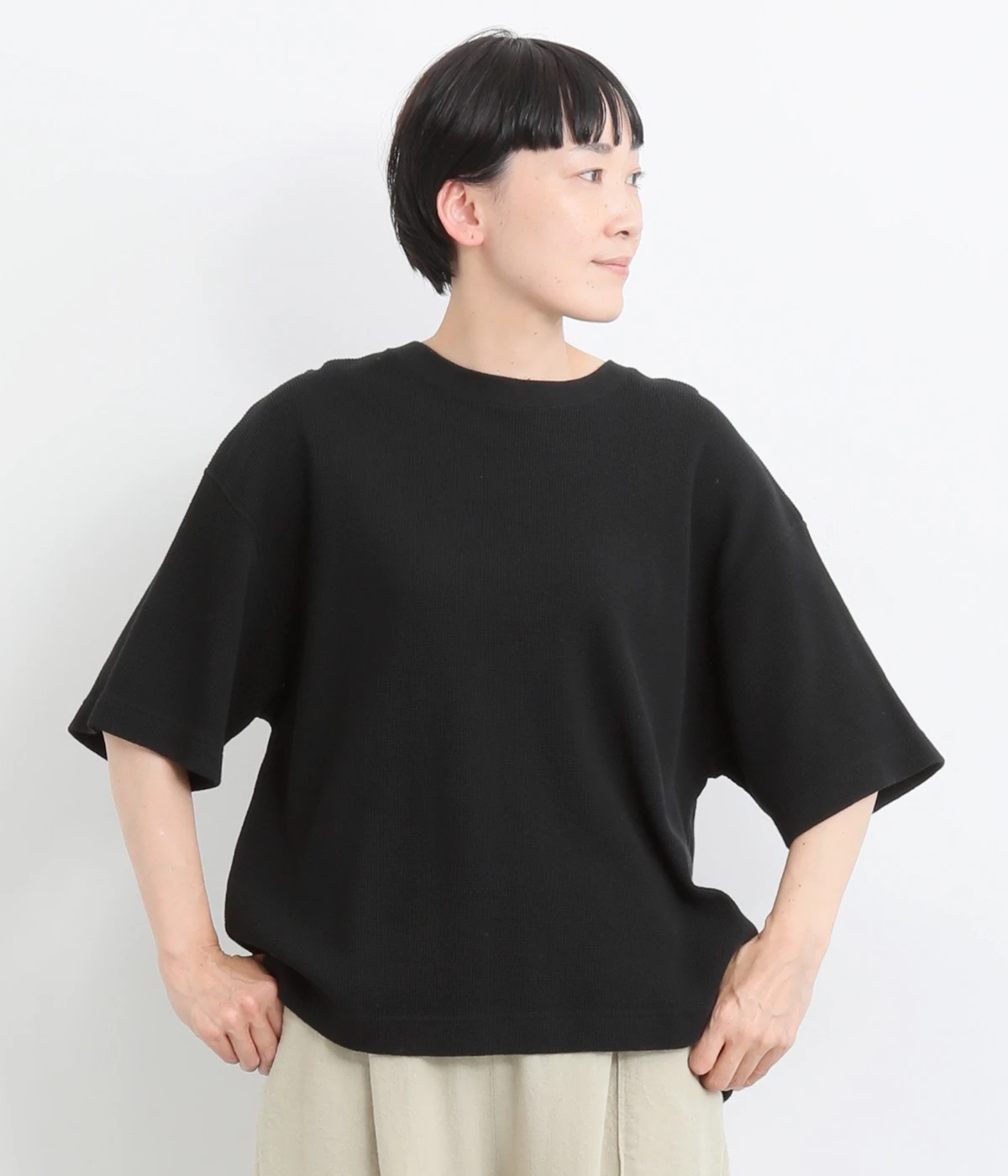 コットンワッフルプルオーバー(ブラック-ONESIZE)