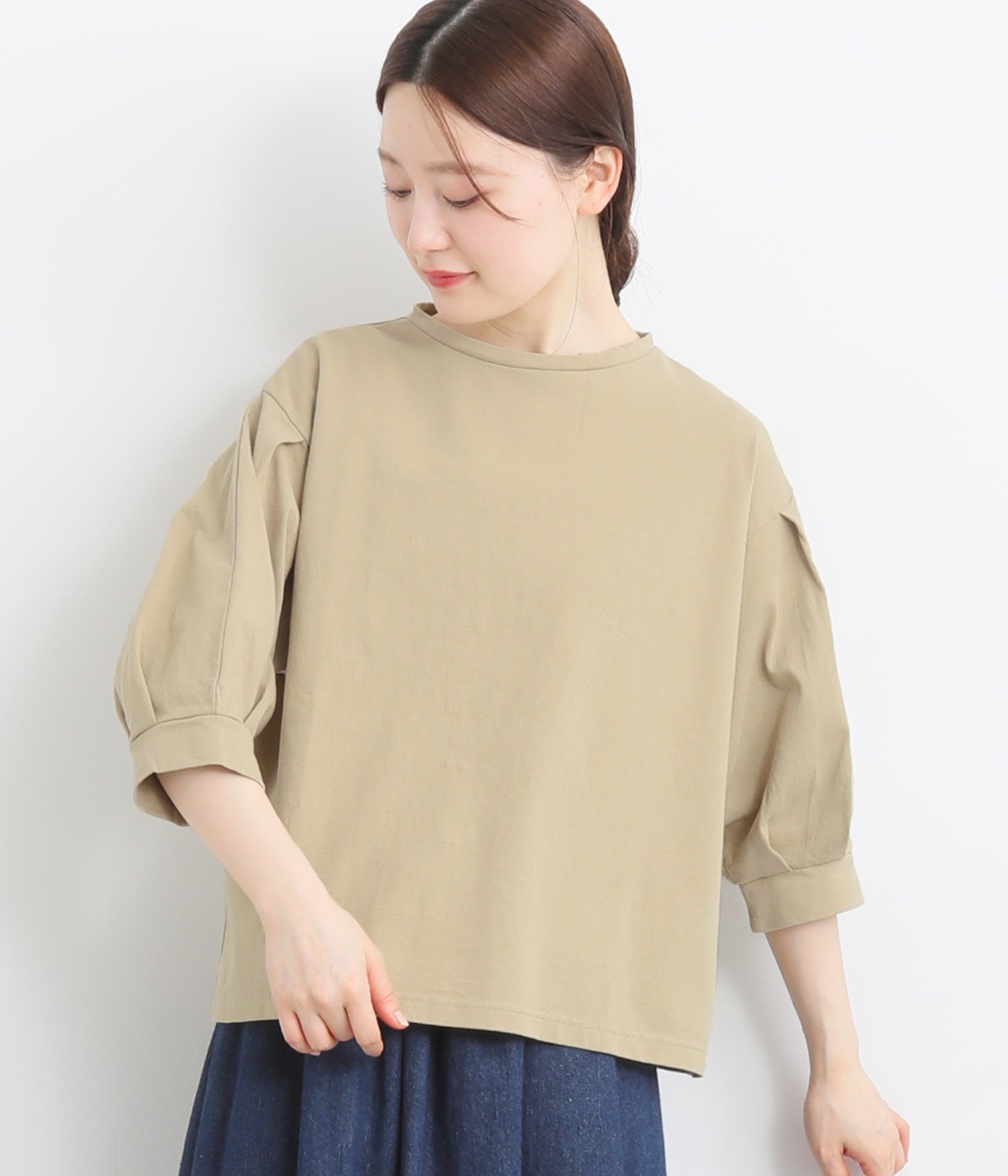 コットン　ポワン袖Tシャツ(オリーブ-ONESIZE)