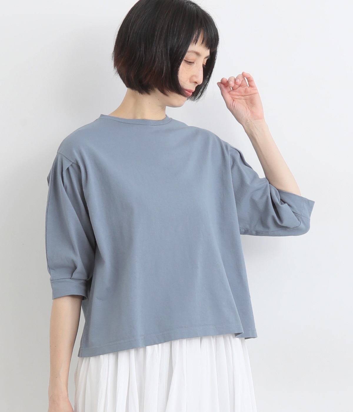コットン　ポワン袖Tシャツ(ブルー-ONESIZE)