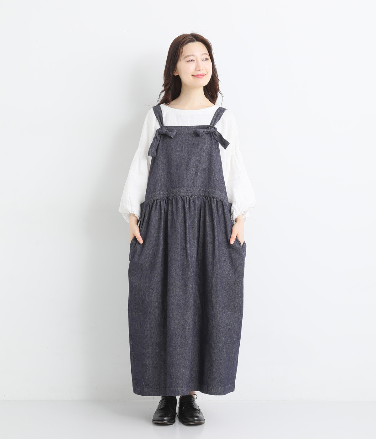 リネンコットンデニムエプロンワンピース(ネイビー-ONESIZE)