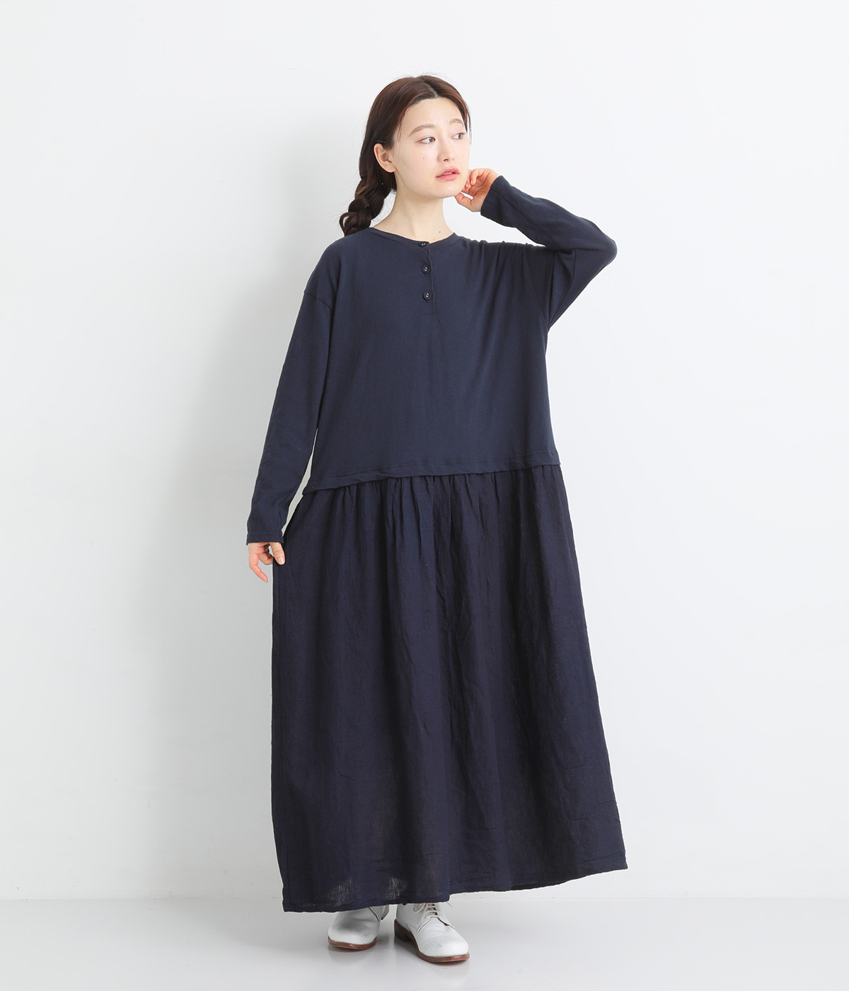 コットンファブリックヘンリーネックワンピース(ネイビー/インディゴ-ONESIZE)