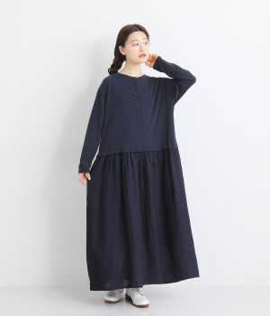 コットンファブリックヘンリーネックワンピース(ネイビー/インディゴ-ONESIZE)