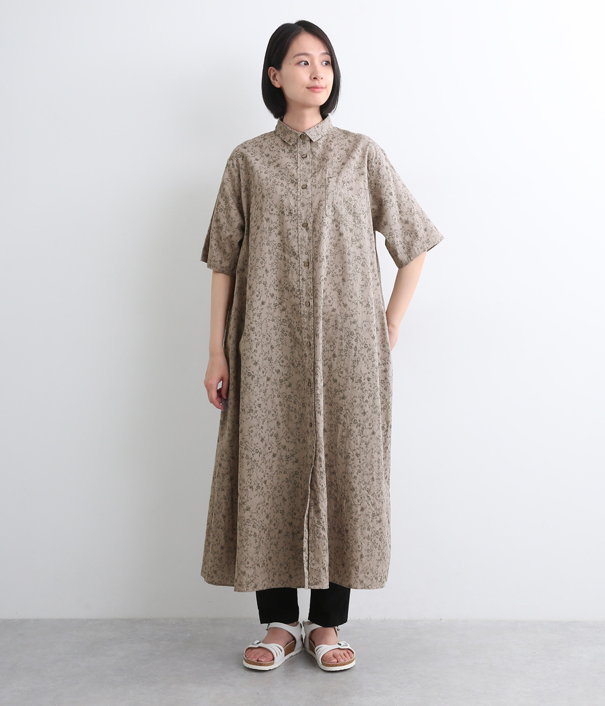 コットンリネンフラワーワンピース(グレー-ONESIZE)