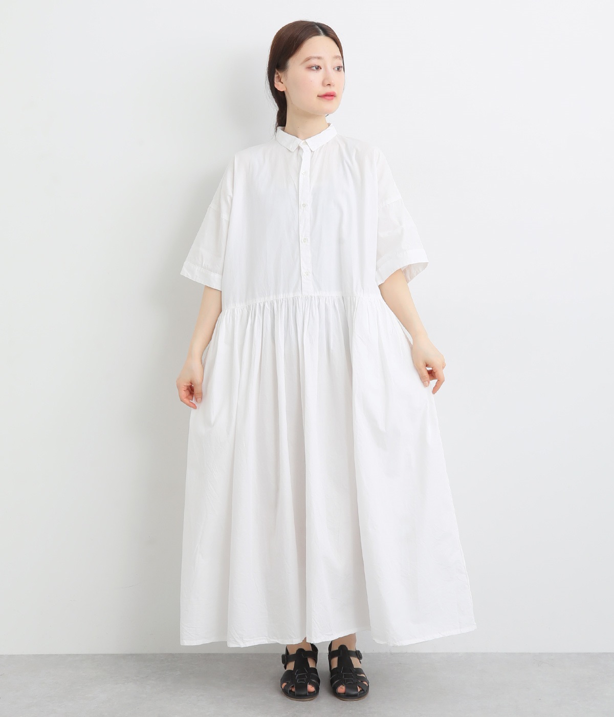 コットンブロードギャザーワンピース(ホワイト-ONESIZE)
