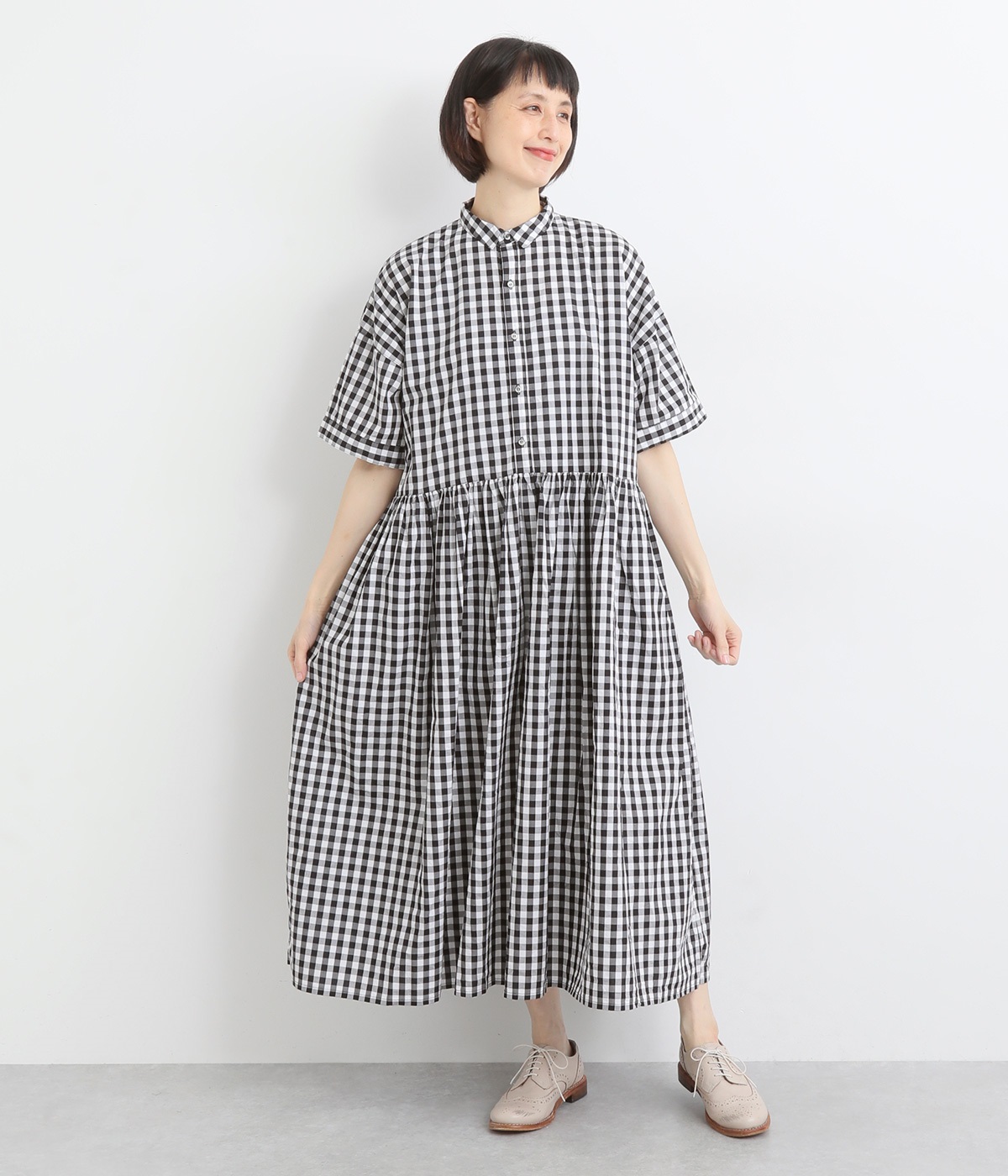 コットンブロードギャザーワンピース(ギンガム-ONESIZE)