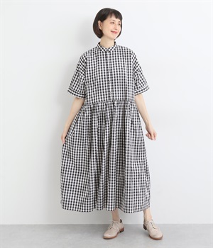 コットンブロードギャザーワンピース(ギンガム-ONESIZE)
