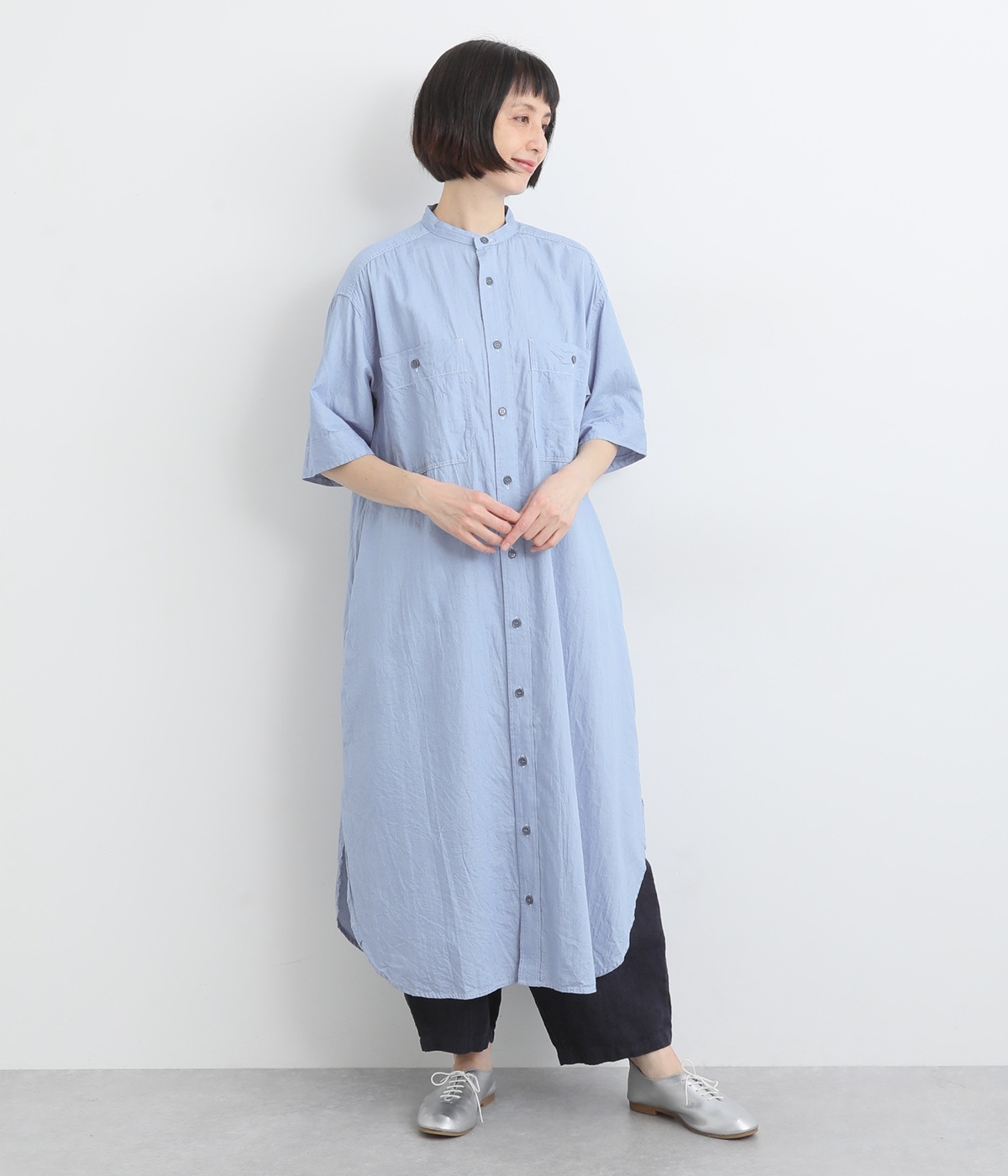 コットンリネン　インディゴシャンブレーワンピース(ブルー-ONESIZE)