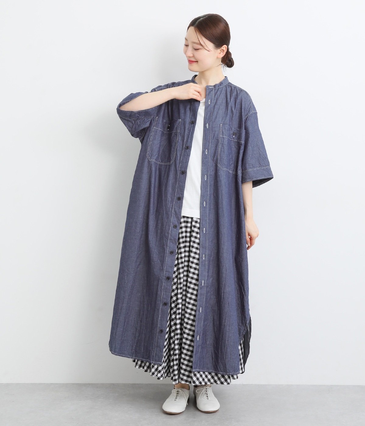 コットンリネン　インディゴシャンブレーワンピース(ネイビー-ONESIZE)