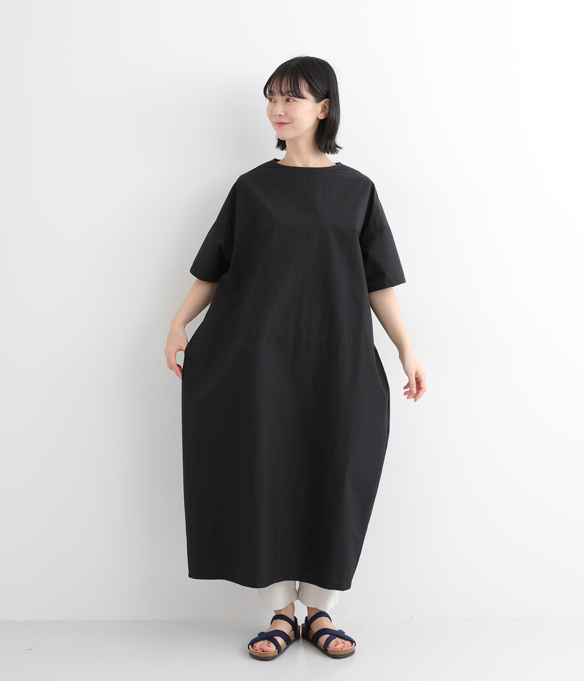 撥水加工コットンナイロン　コクーンワンピース(ブラック-ONESIZE)