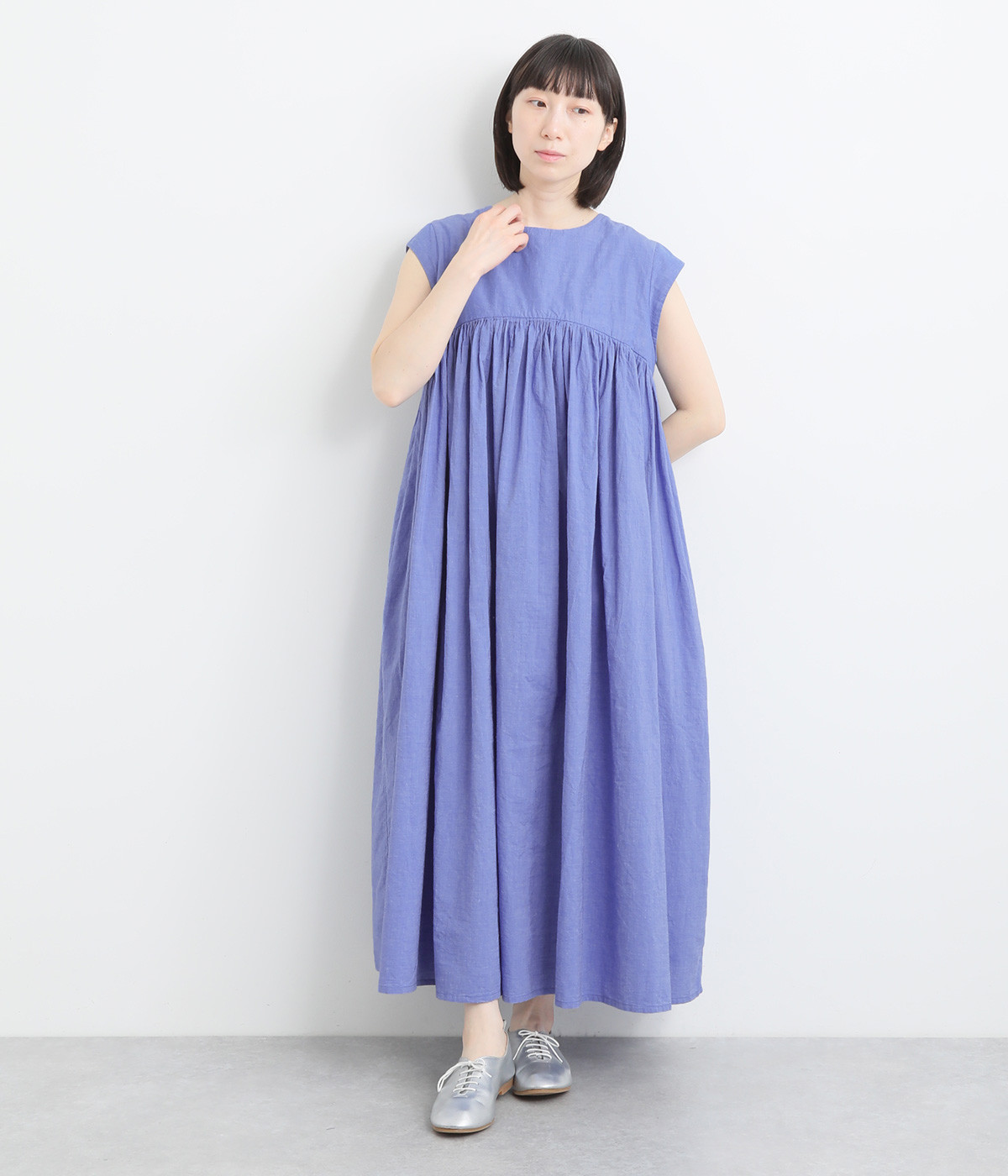 コットンリネンシャンブレー2wayワンピース(ブルー-ONESIZE)