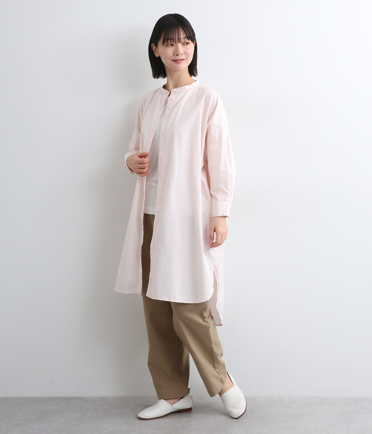 コットンブロードスタンドカラーワンピース(ライトピンク-ONESIZE)