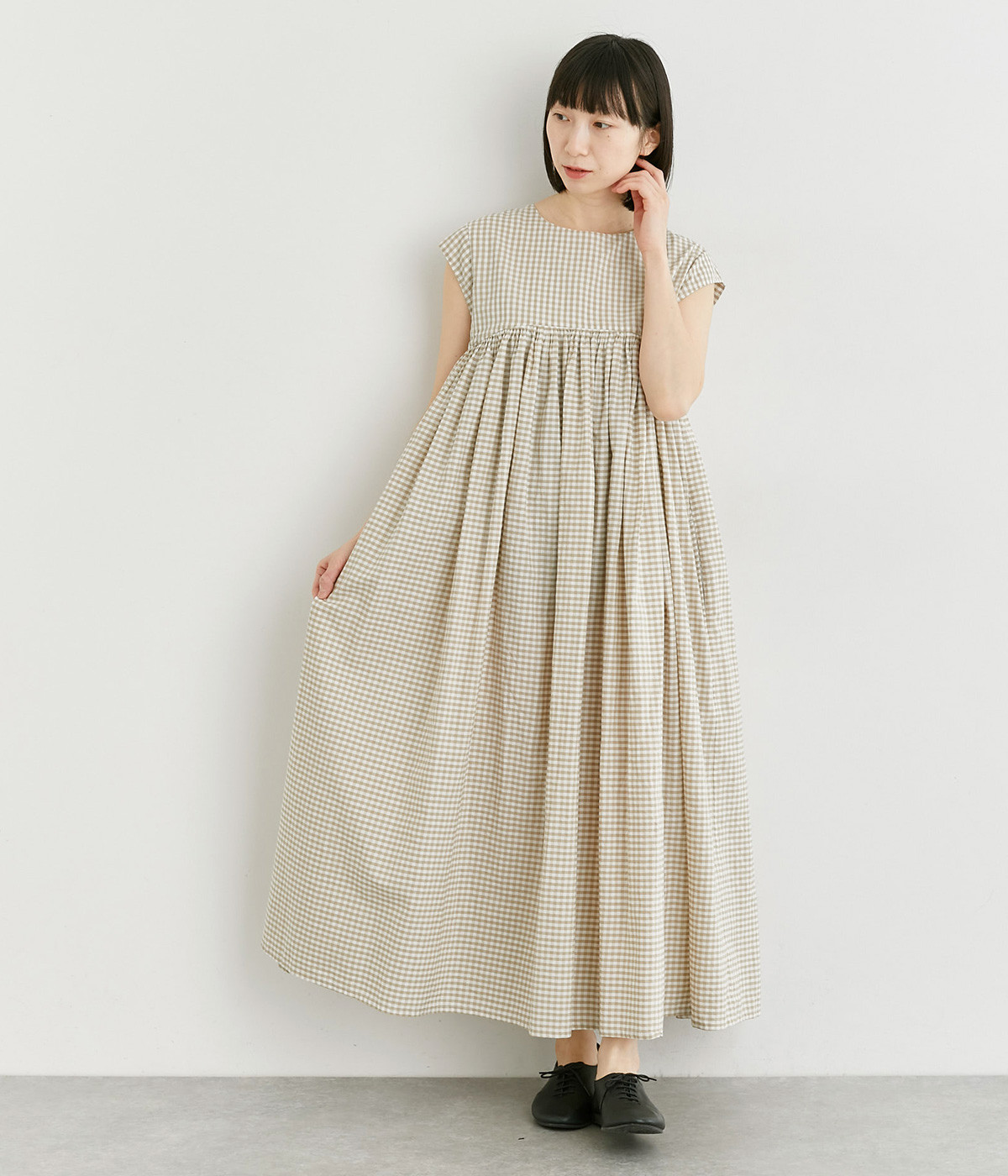 コットンリネンギンガム２wayワンピース(ベージュ-ONESIZE)