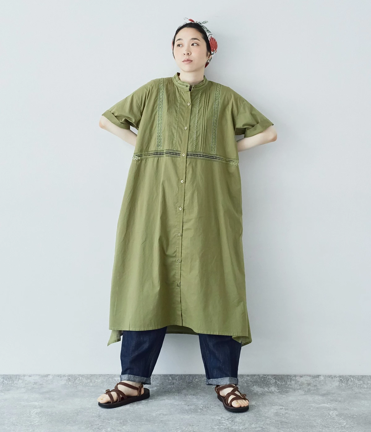 コットンレースワンピース(カーキ-ONESIZE)