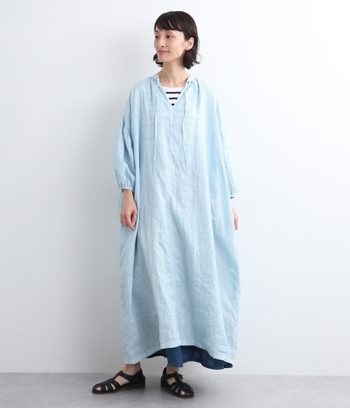 リネンナチュラル手染めインディゴワンピース(ライトインディゴ-ONESIZE)