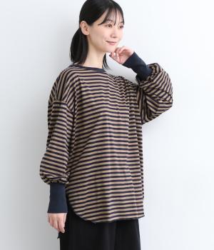 コットン　ボーダープルオーバー(ベージュ×ネイビー-ONESIZE)