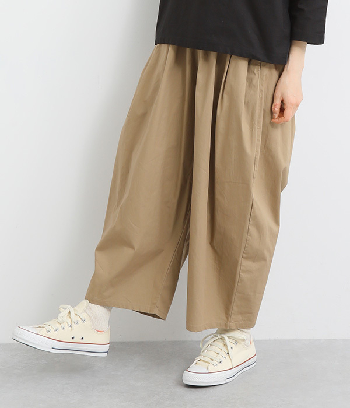 コットンタイプライターワイドタックパンツ(ベージュ-ONESIZE)