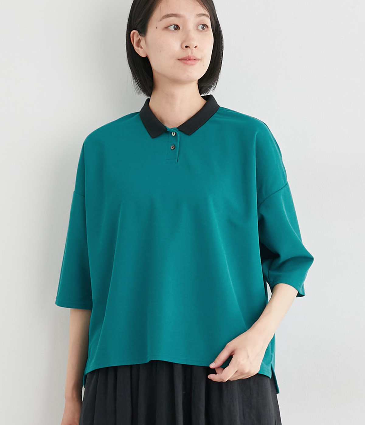 ハニカムコットンチビ襟ポロチュニック(ブルー-ONESIZE)