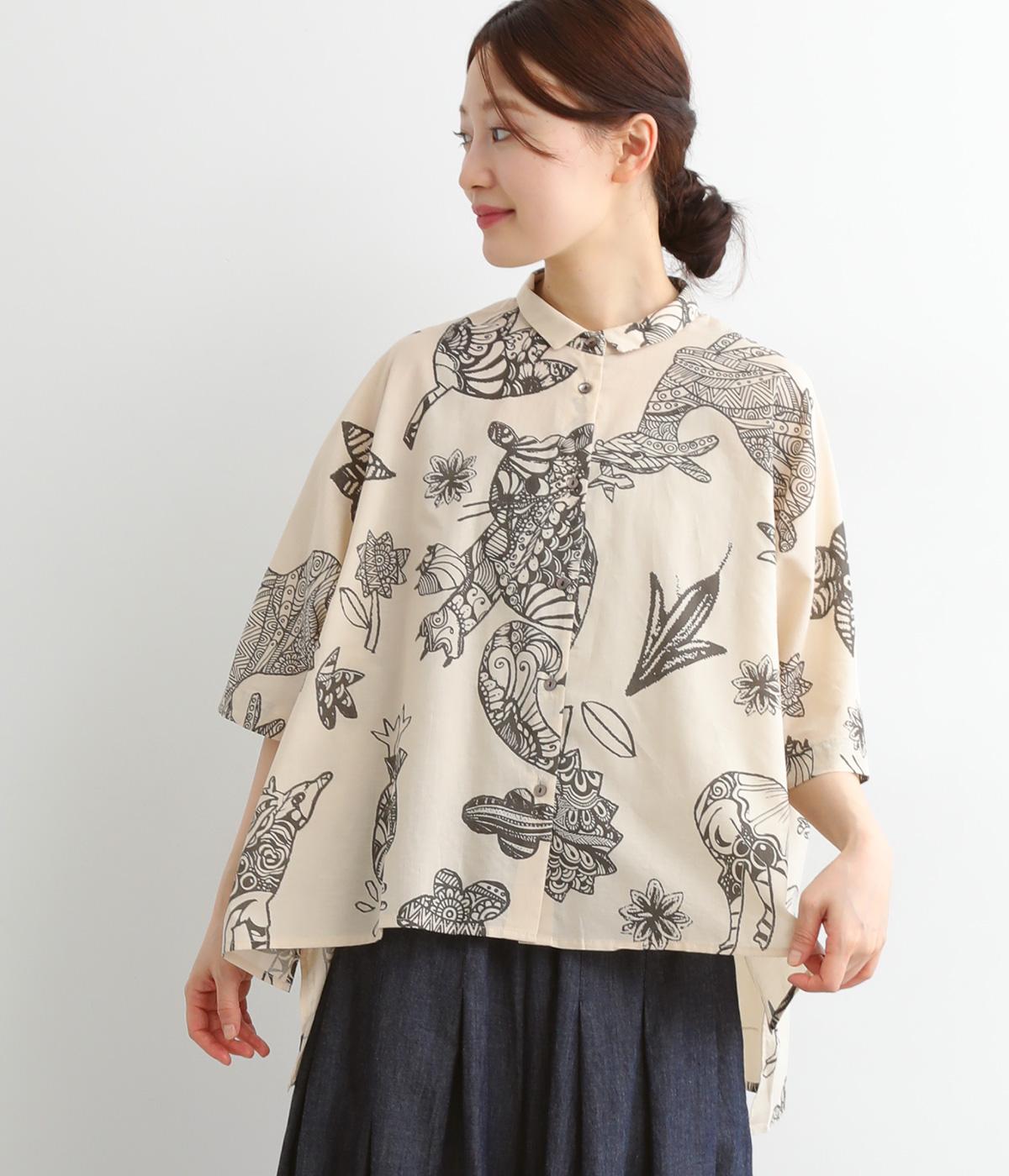 コットンボイルエスニックいきものワイドブラウス(アイボリー-ONESIZE)